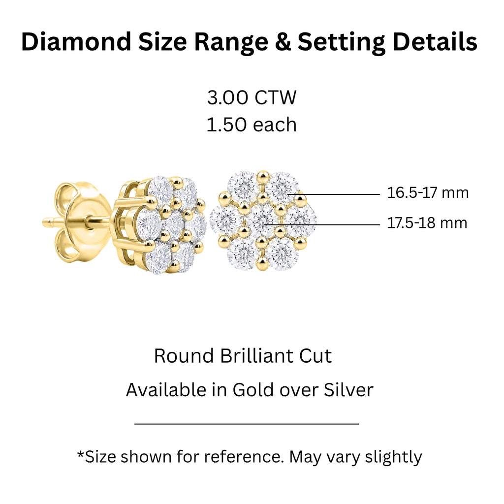 Diamonair Lab Grown Diamond (F/VS+) 3.00 carat Round cut Sterling Silver Cluster Earrings - Sterling Silver | Gold over Silver