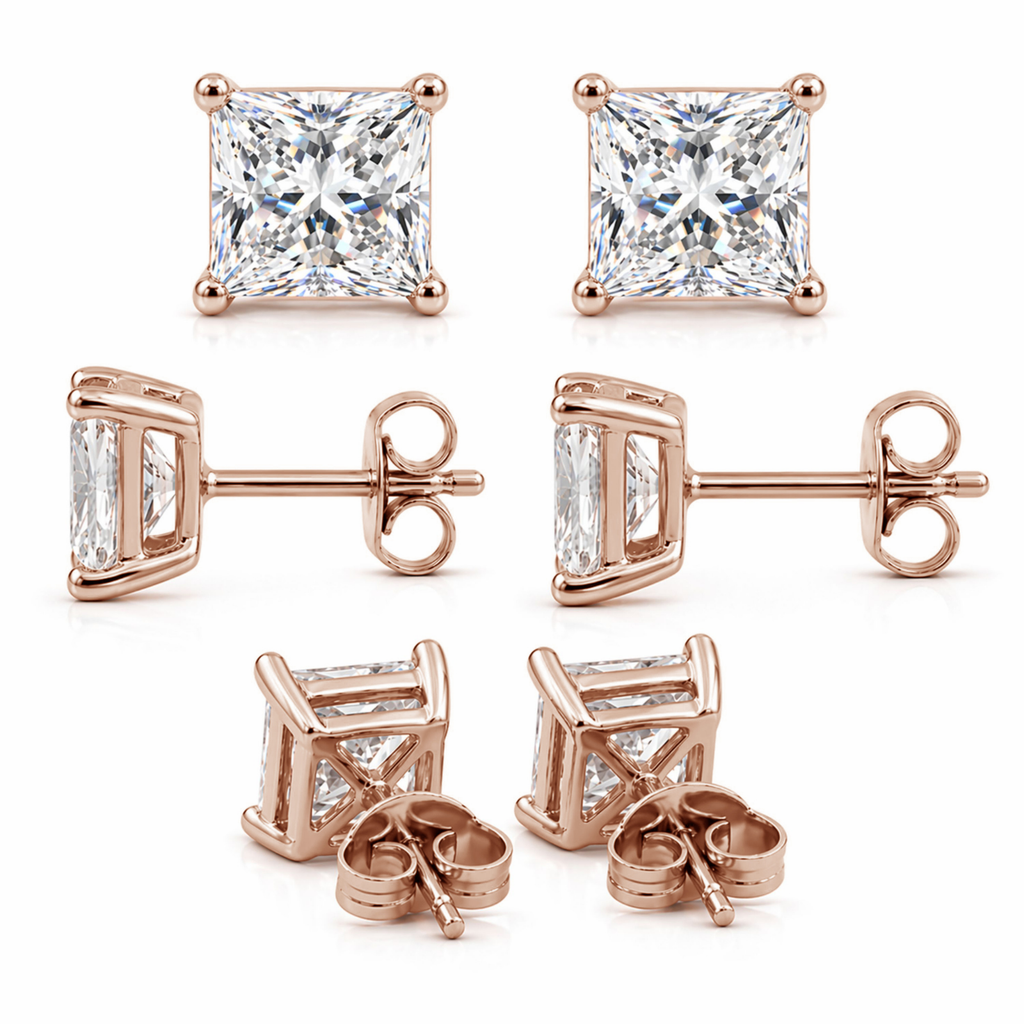 3.00-6.00 Carat T.W. Princess-cut Lab Grown Diamond (F/VS+) 14K Gold Stud Earrings with Double Notch Post & Pushback