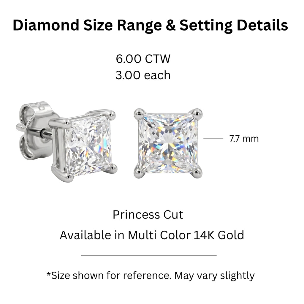 3.00-6.00 Carat T.W. Princess-cut Lab Grown Diamond (F/VS+) 14K Gold Stud Earrings with Double Notch Post & Pushback