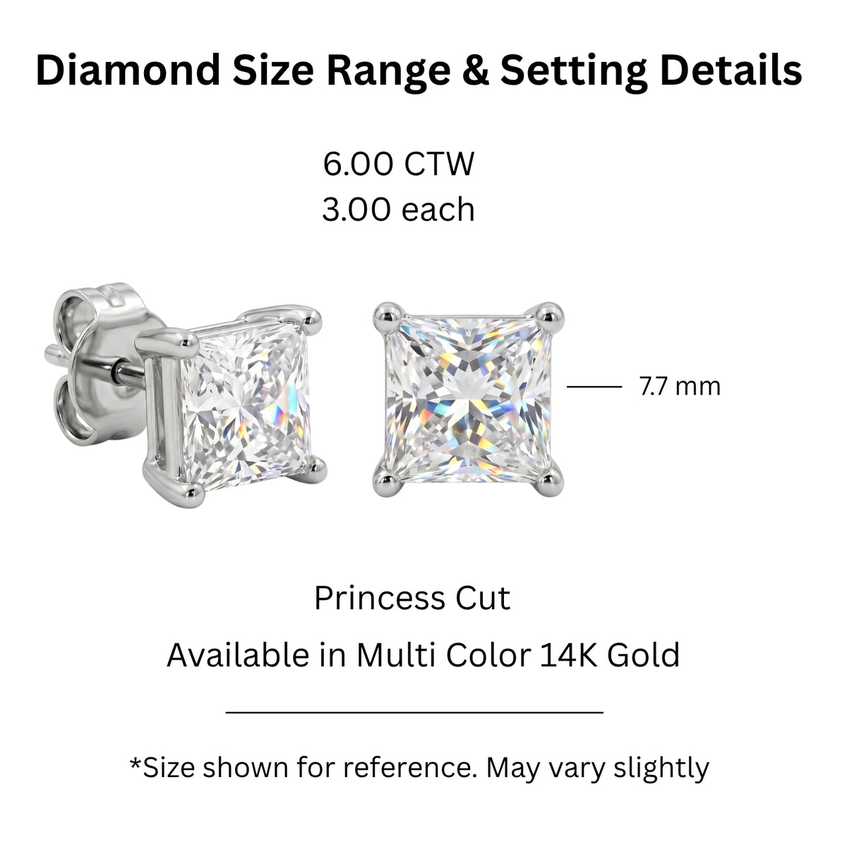 3.00-6.00 Carat T.W. Princess-cut Lab Grown Diamond (F/VS+) 14K Gold Stud Earrings with Double Notch Post & Pushback