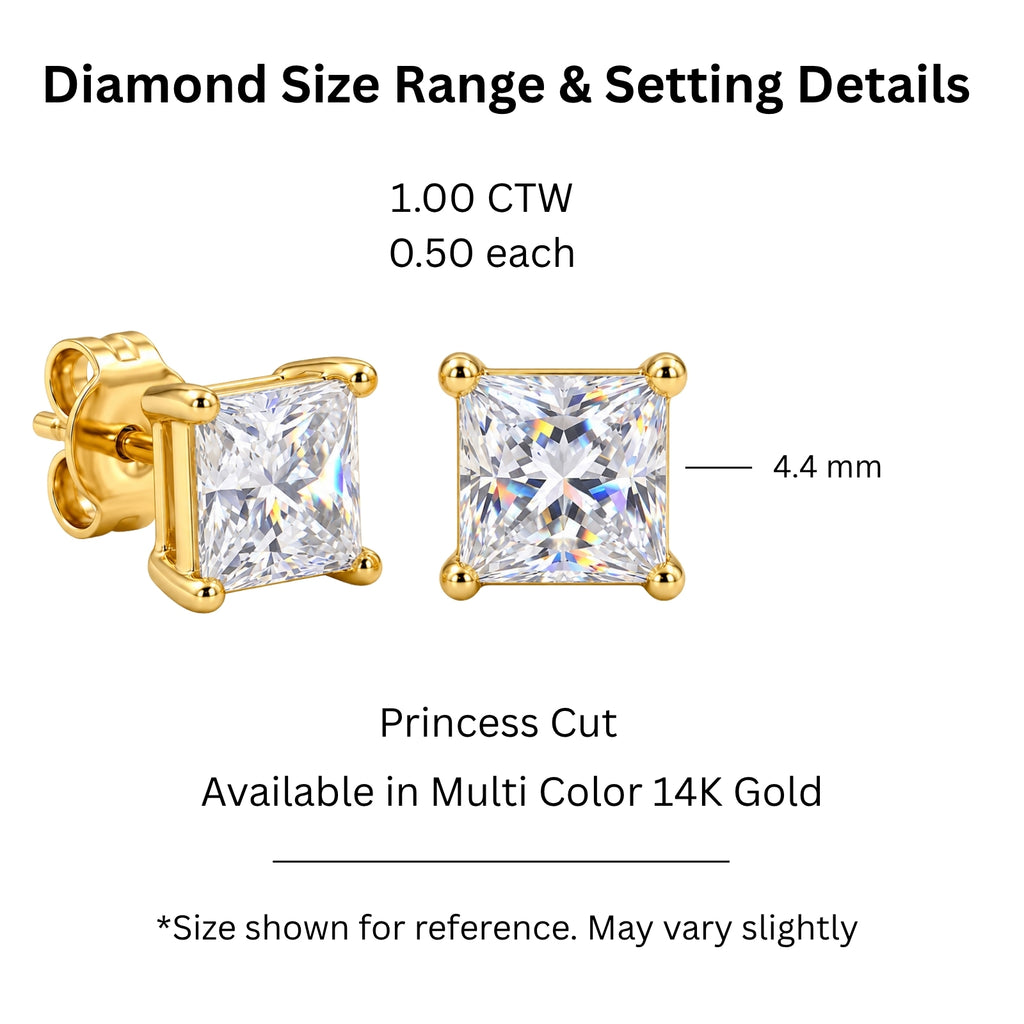 1.00 - 2.00 Carat T.W. Princess-cut Lab Grown Diamond (F/VS+) Stud Earrings with Double Notch Post & Pushback