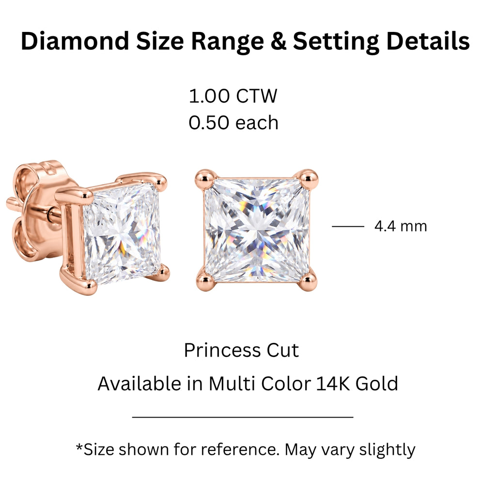 1.00 - 2.00 Carat T.W. Princess-cut Lab Grown Diamond (F/VS+) Stud Earrings with Double Notch Post & Pushback