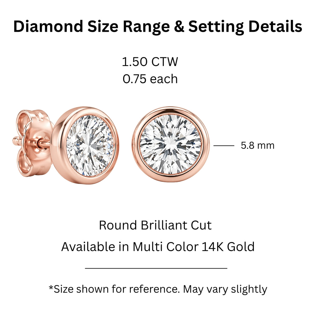 0.50-3.00 Carat T.W. Round-cut Lab Grown Diamond (F/VS+) 14K Gold Bezel set Stud Earrings with Double Notch Post & Pushback
