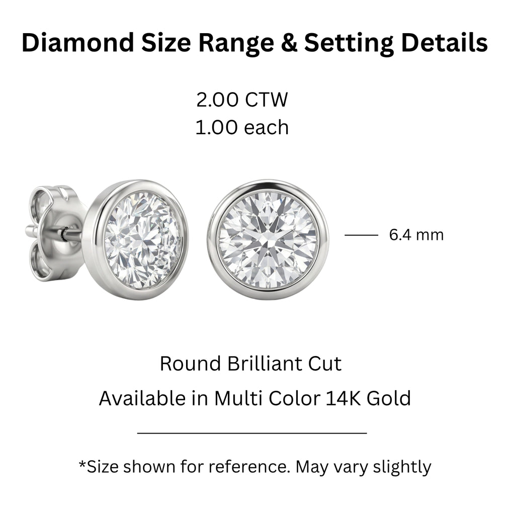 0.50-3.00 Carat T.W. Round-cut Lab Grown Diamond (F/VS+) 14K Gold Bezel set Stud Earrings with Double Notch Post & Pushback