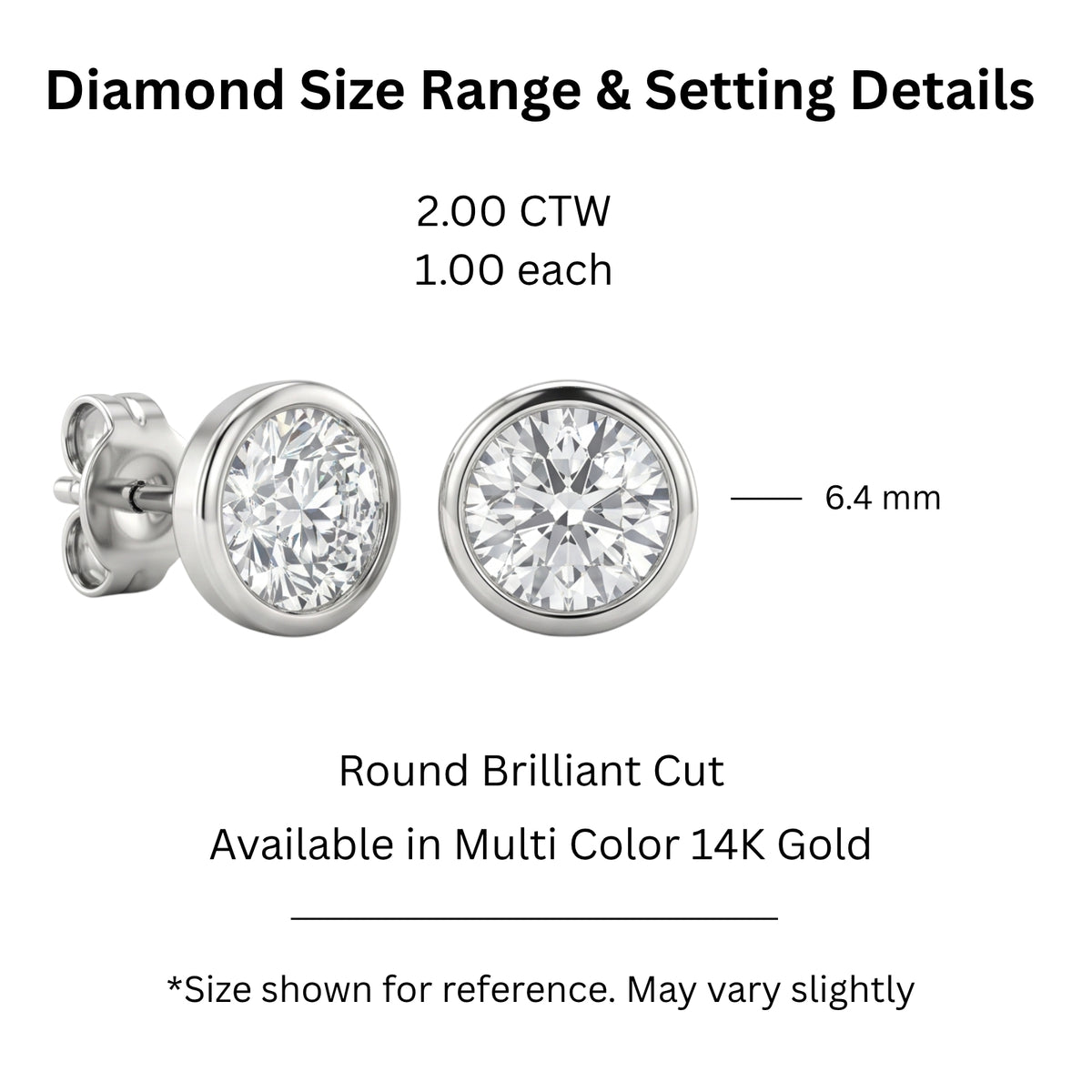 0.50-3.00 Carat T.W. Round-cut Lab Grown Diamond (F/VS+) 14K Gold Bezel set Stud Earrings with Double Notch Post & Pushback