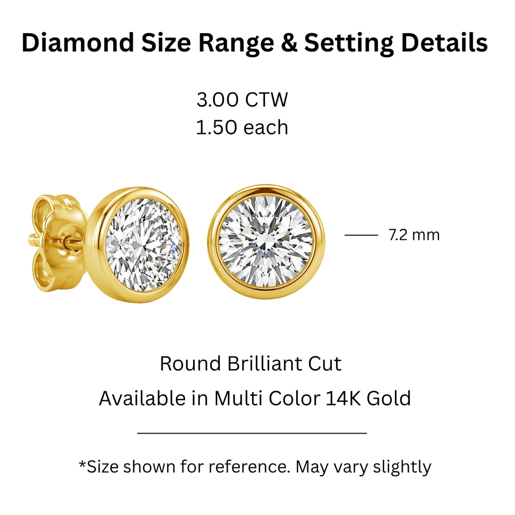 0.50-3.00 Carat T.W. Round-cut Lab Grown Diamond (F/VS+) 14K Gold Bezel set Stud Earrings with Double Notch Post & Pushback