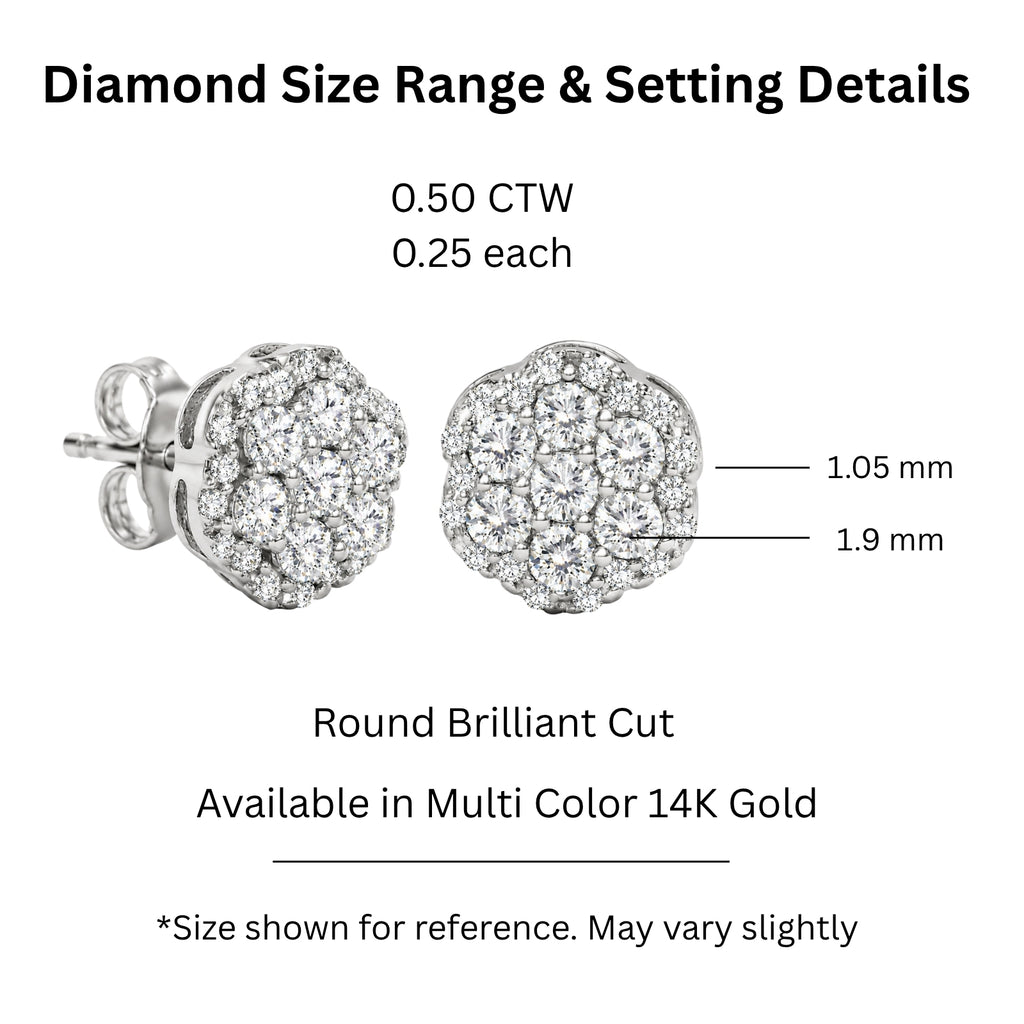 0.50 - 2.00 Carat T.W. Round-cut Lab Grown Diamond (F/VS+) 14K Gold Cluster Earrings with Double Notch Post & Pushback