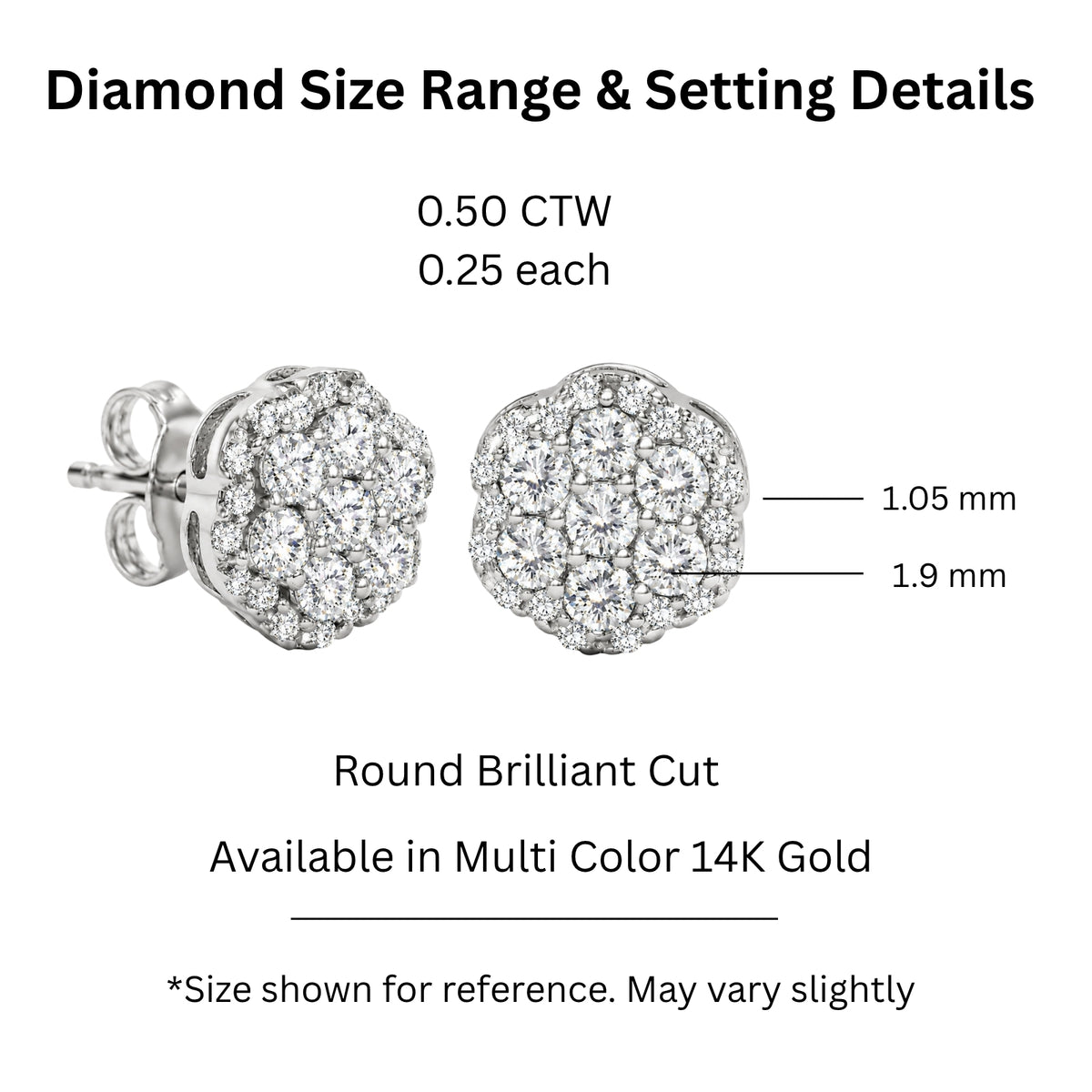 0.50 - 2.00 Carat T.W. Round-cut Lab Grown Diamond (F/VS+) 14K Gold Cluster Earrings with Double Notch Post & Pushback