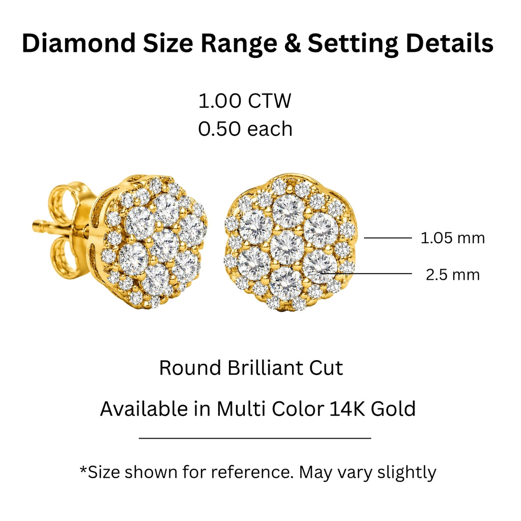 0.50 - 2.00 Carat T.W. Round-cut Lab Grown Diamond (F/VS+) 14K Gold Cluster Earrings with Double Notch Post & Pushback