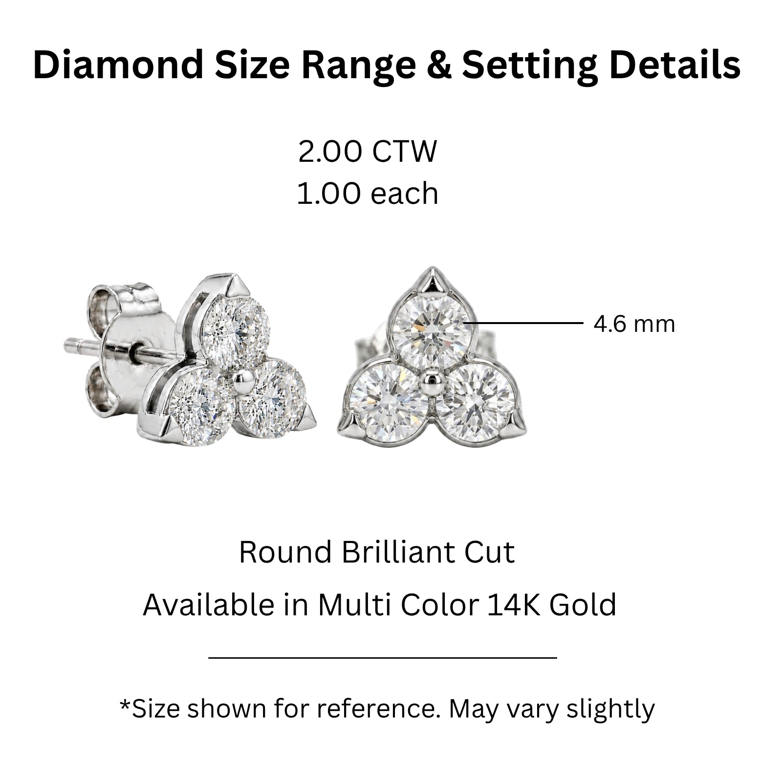 0.25 - 3.00 Carat T.W. Round-cut Lab Grown Diamond (F/VS+) 14K Gold 3 Stone Earrings with Double Notch Post & Pushback