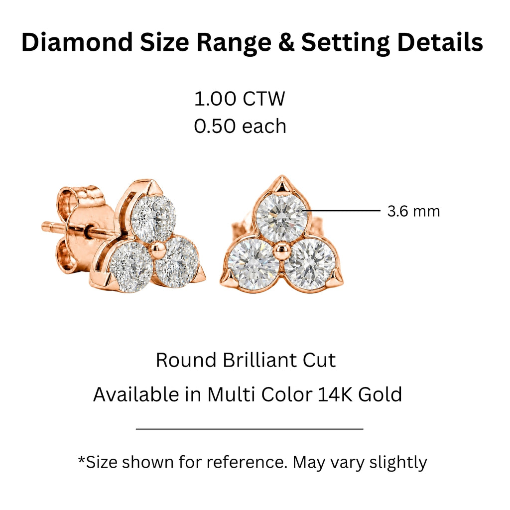 0.25 - 3.00 Carat T.W. Round-cut Lab Grown Diamond (F/VS+) 14K Gold 3 Stone Earrings with Double Notch Post & Pushback