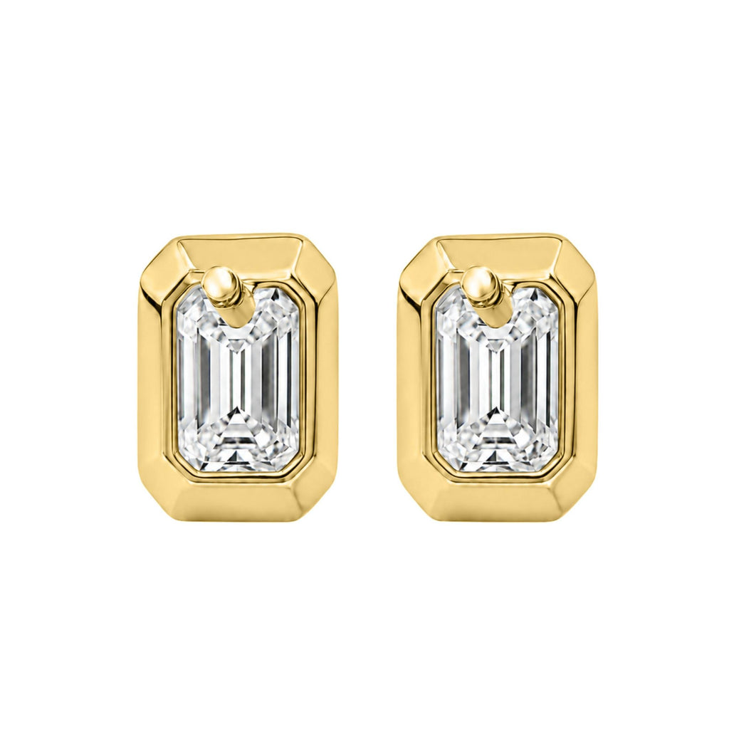 1.00-2.00 Carat T.W. Emerald-cut Lab Grown Diamond (F/VS+) 14K Gold Bezel set Stud Earrings with Double Notch Post & Pushback