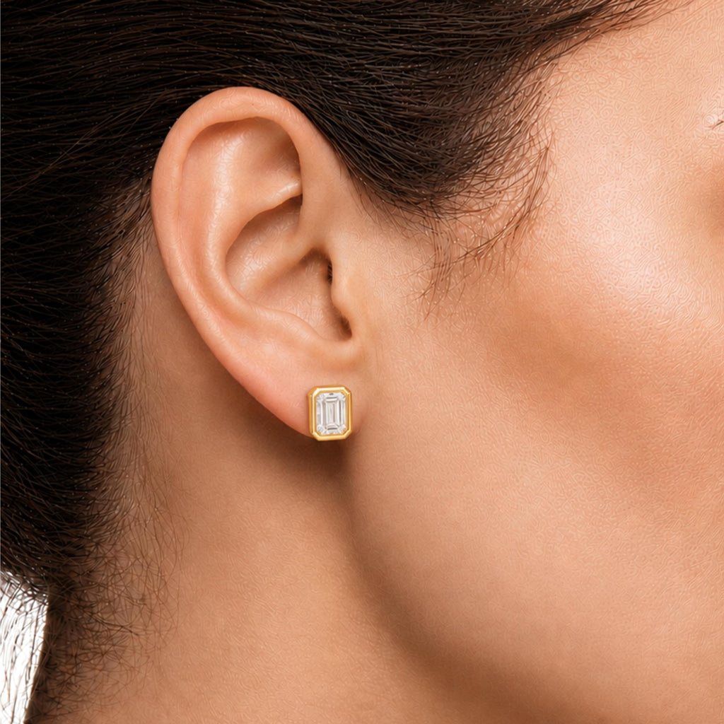 1.00-2.00 Carat T.W. Emerald-cut Lab Grown Diamond (F/VS+) 14K Gold Bezel set Stud Earrings with Double Notch Post & Pushback