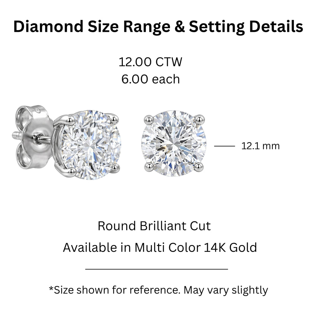 7.00 - 12.00 Carat T.W. Round-cut Lab Grown Diamond (F/VS+) Stud Earrings with Double Notch Post & Screwback