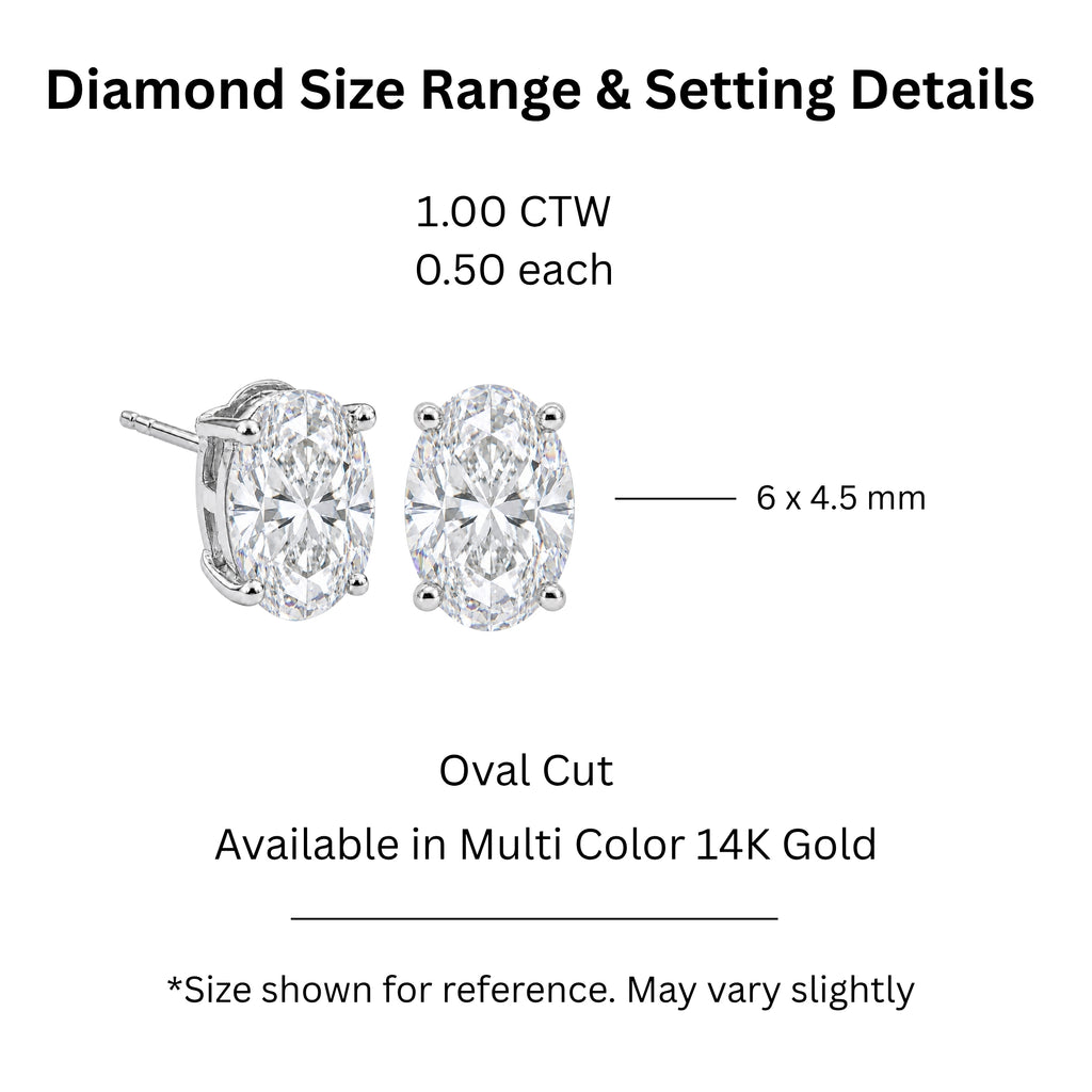 1.00 - 3.00 Carat T.W. Oval-cut Lab Grown Diamond (F/VS+) Stud Earrings with Double Notch Post & Pushback