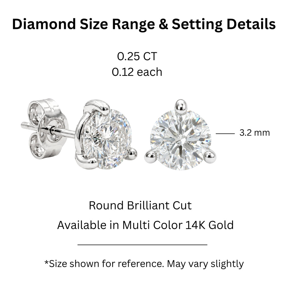 Diamonair  0.25 - 3.00 Carat T.W. Round-cut Lab Grown Diamond (F/VS+) 14K Gold Martini Stud Earrings with Double Notch Post & Pushback