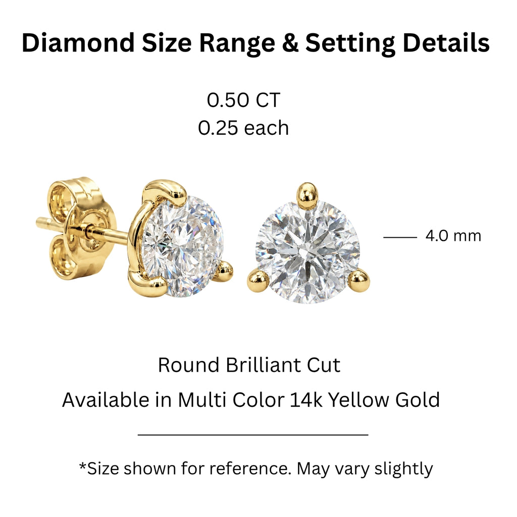 Diamonair 1/4 - 3.00 Carat T.W. Round-cut Lab Grown Diamond (F/VS+) 14K Gold Martini Stud Earrings with Double Notch Post & Pushback