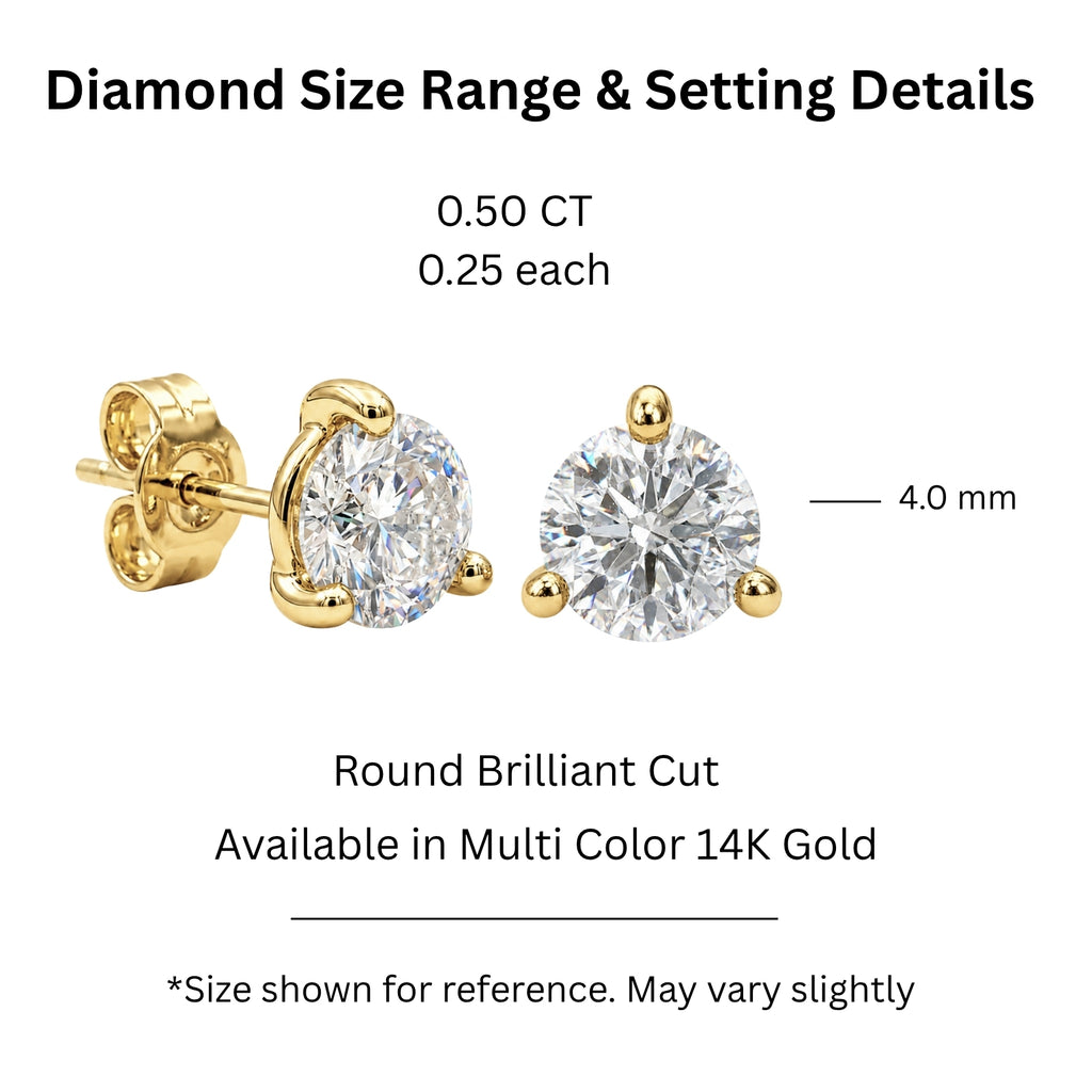 Diamonair  0.25 - 3.00 Carat T.W. Round-cut Lab Grown Diamond (F/VS+) 14K Gold Martini Stud Earrings with Double Notch Post & Pushback