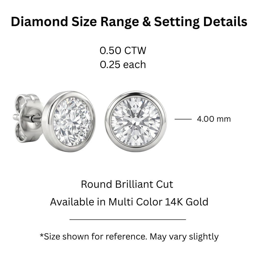 0.50-3.00 Carat T.W. Round-cut Lab Grown Diamond (F/VS+) 14K Gold Bezel set Stud Earrings with Double Notch Post & Pushback