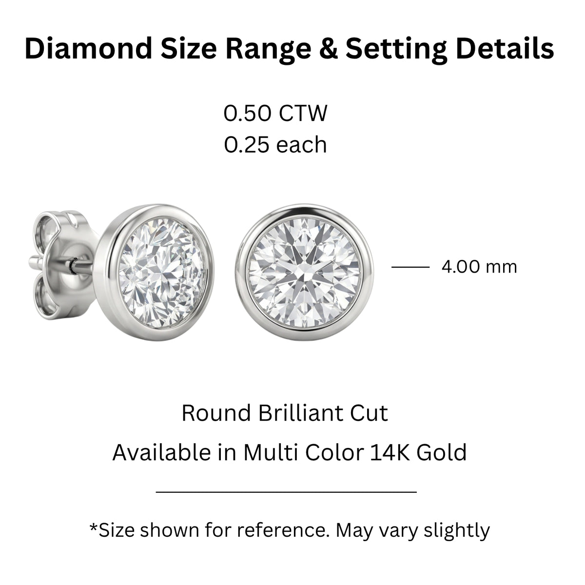 0.50-3.00 Carat T.W. Round-cut Lab Grown Diamond (F/VS+) 14K Gold Bezel set Stud Earrings with Double Notch Post & Pushback