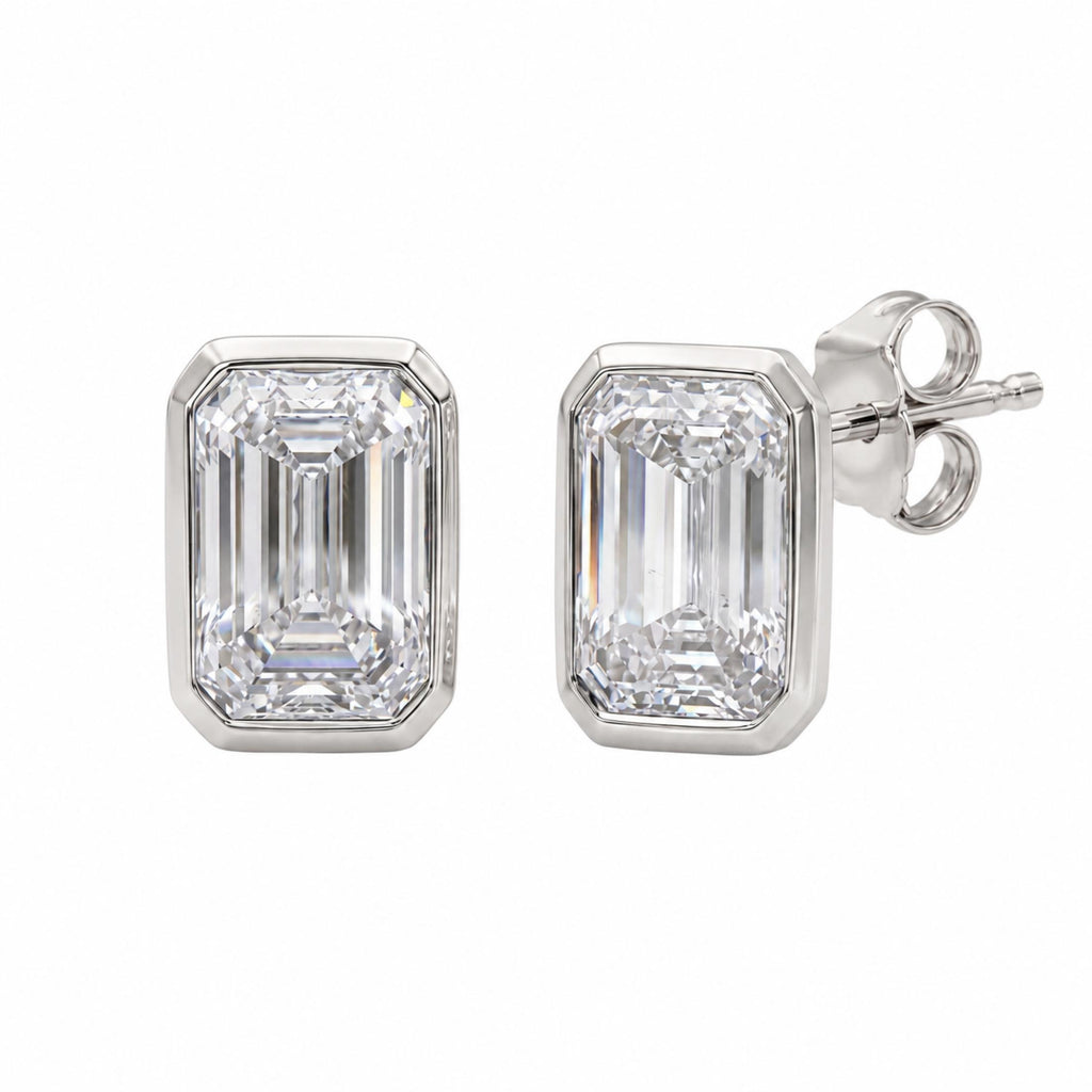 1.00-2.00 Carat T.W. Emerald-cut Lab Grown Diamond (F/VS+) 14K Gold Bezel set Stud Earrings with Double Notch Post & Pushback