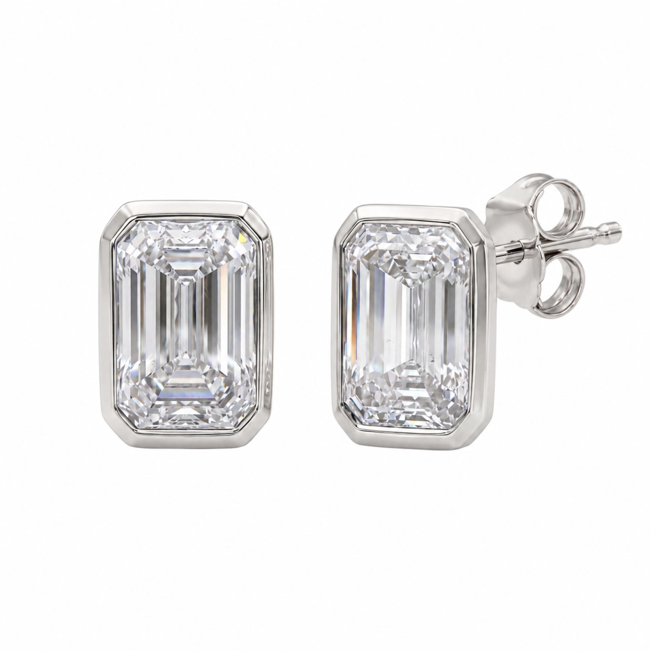 1.00-2.00 Carat T.W. Emerald-cut Lab Grown Diamond (F/VS+) 14K Gold Bezel set Stud Earrings with Double Notch Post & Pushback