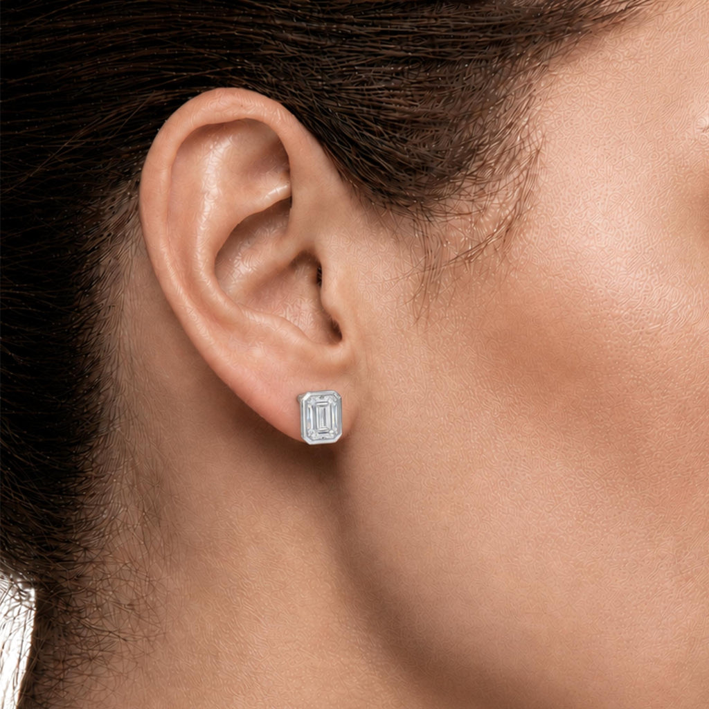 1.00-2.00 Carat T.W. Emerald-cut Lab Grown Diamond (F/VS+) 14K Gold Bezel set Stud Earrings with Double Notch Post & Pushback