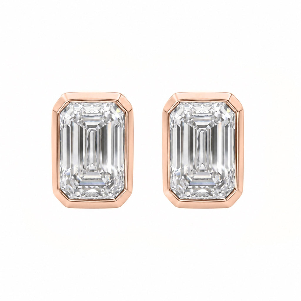 1.00-2.00 Carat T.W. Emerald-cut Lab Grown Diamond (F/VS+) 14K Gold Bezel set Stud Earrings with Double Notch Post & Pushback