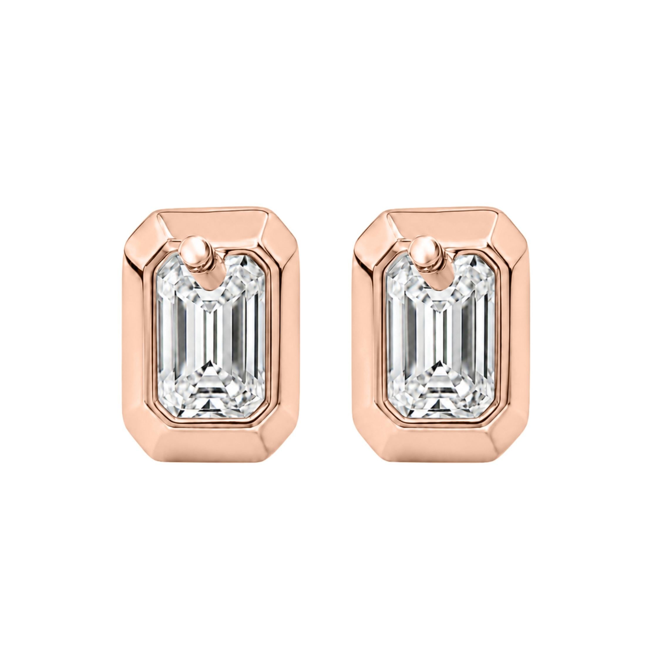 1.00-2.00 Carat T.W. Emerald-cut Lab Grown Diamond (F/VS+) 14K Gold Bezel set Stud Earrings with Double Notch Post & Pushback