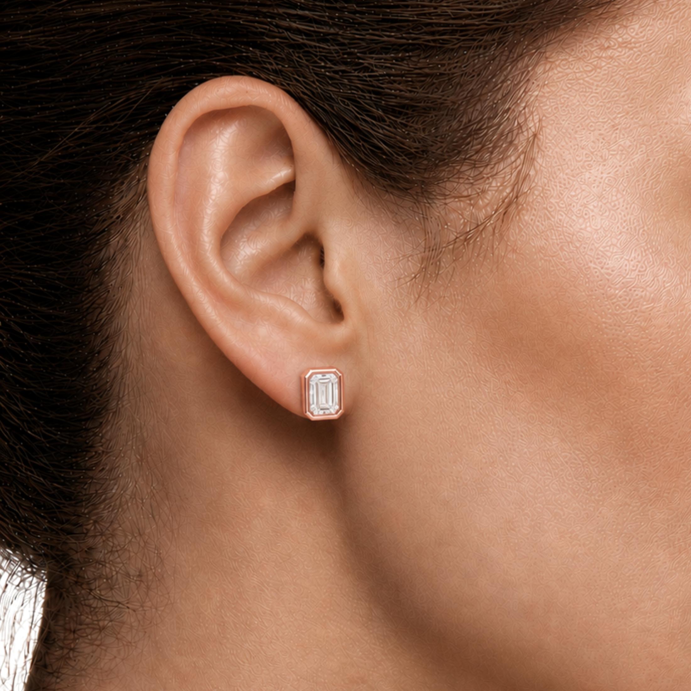 1.00-2.00 Carat T.W. Emerald-cut Lab Grown Diamond (F/VS+) 14K Gold Bezel set Stud Earrings with Double Notch Post & Pushback
