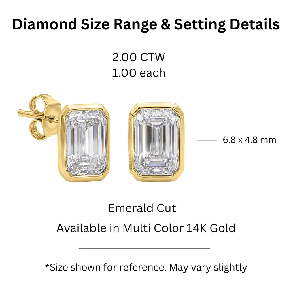 1.00-2.00 Carat T.W. Emerald-cut Lab Grown Diamond (F/VS+) 14K Gold Bezel set Stud Earrings with Double Notch Post & Pushback