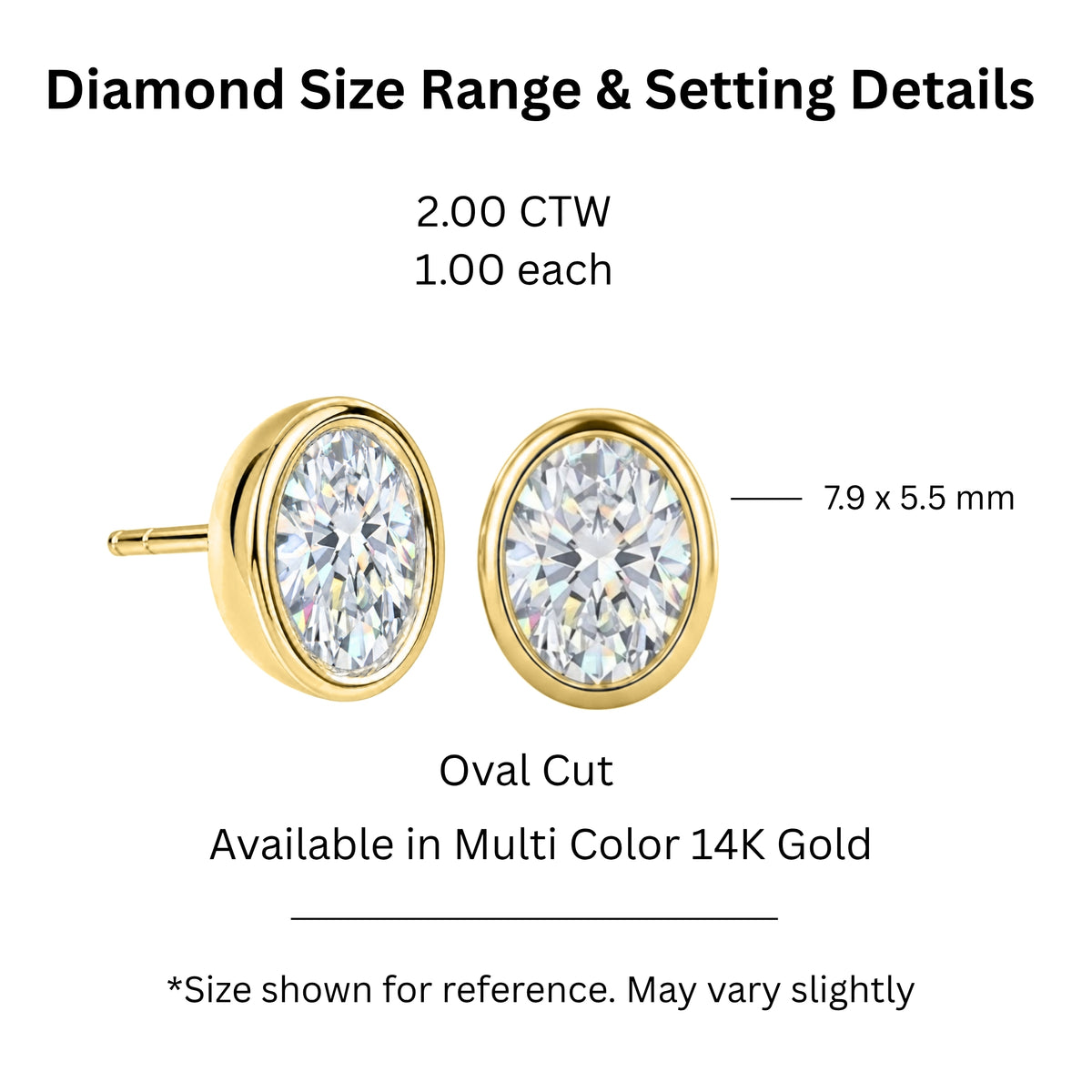 1.00 - 2.00 Carat T.W. Oval-cut Lab Grown Diamond (F/VS+) 14K Gold Bezel set Stud Earrings with Double Notch Post & Pushback