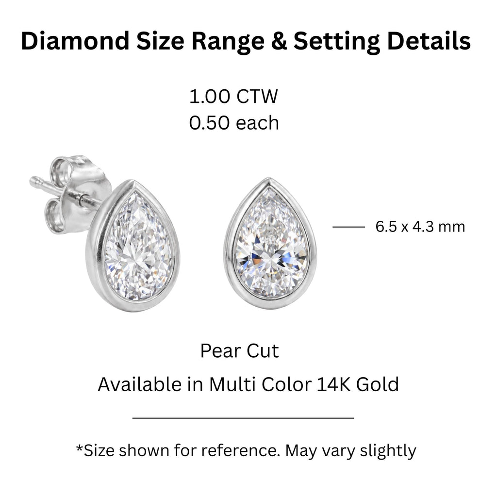 1.00 - 2.00 Carat T.W. Pear-cut Lab Grown Diamond (F/VS+) 14K Gold Bezel set Stud Earrings with Double Notch Post & Pushback