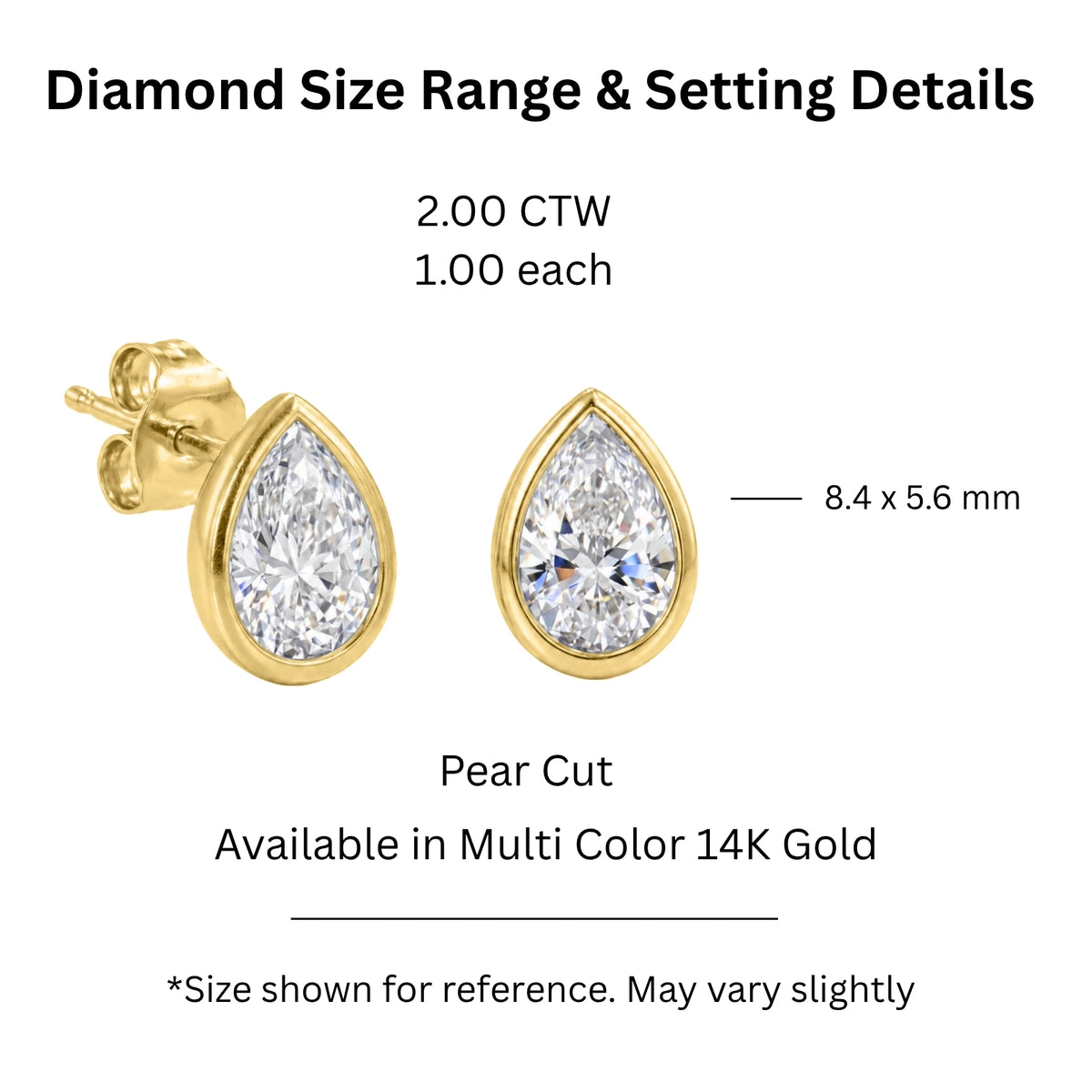 1.00 - 2.00 Carat T.W. Pear-cut Lab Grown Diamond (F/VS+) 14K Gold Bezel set Stud Earrings with Double Notch Post & Pushback