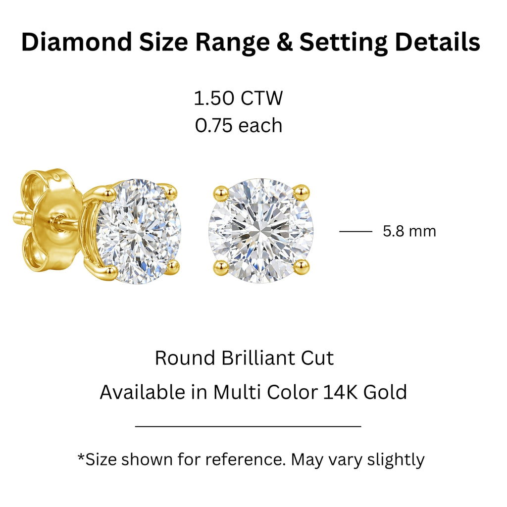 0.25 - 2.00 Carat T.W. Round-cut Lab Grown Diamond (F/VS+) Stud Earrings with Double Notch Post & Pushback