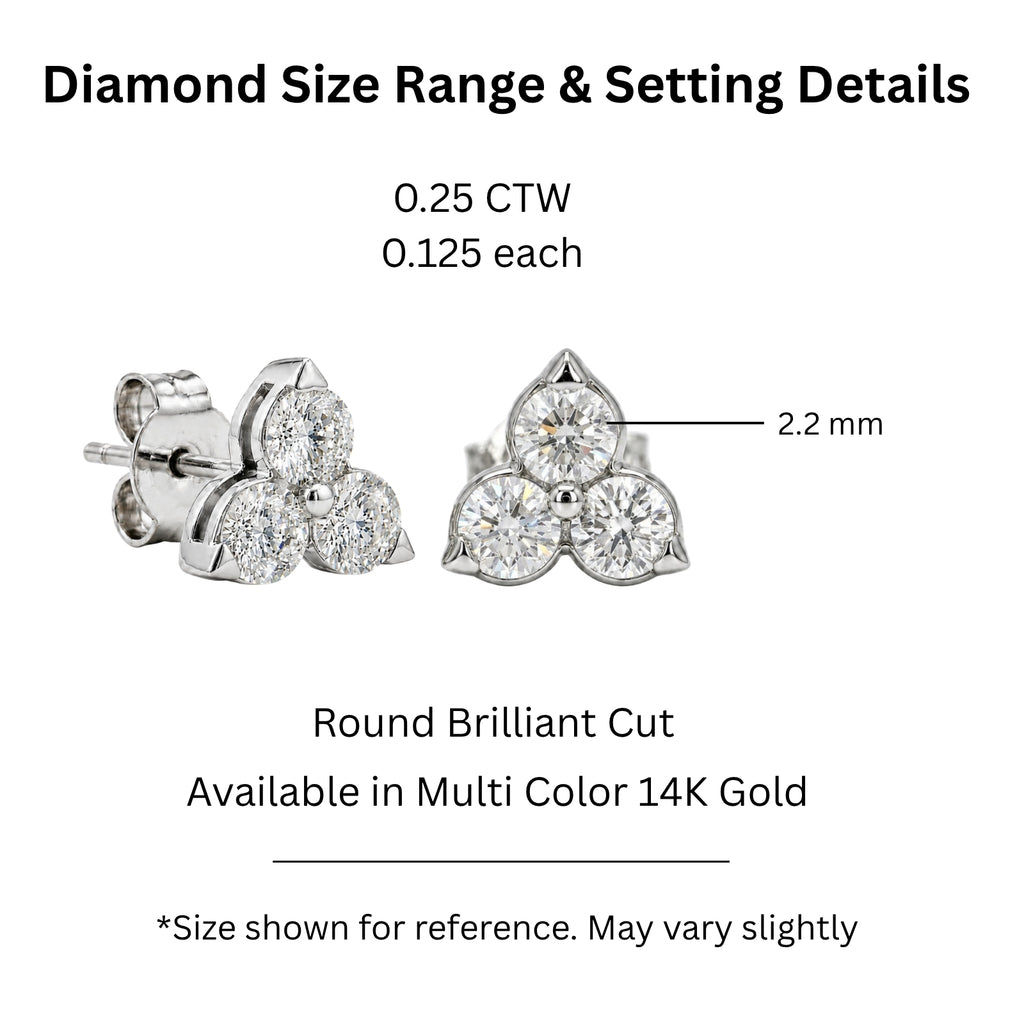 0.25 - 3.00 Carat T.W. Round-cut Lab Grown Diamond (F/VS+) 14K Gold 3 Stone Earrings with Double Notch Post & Pushback