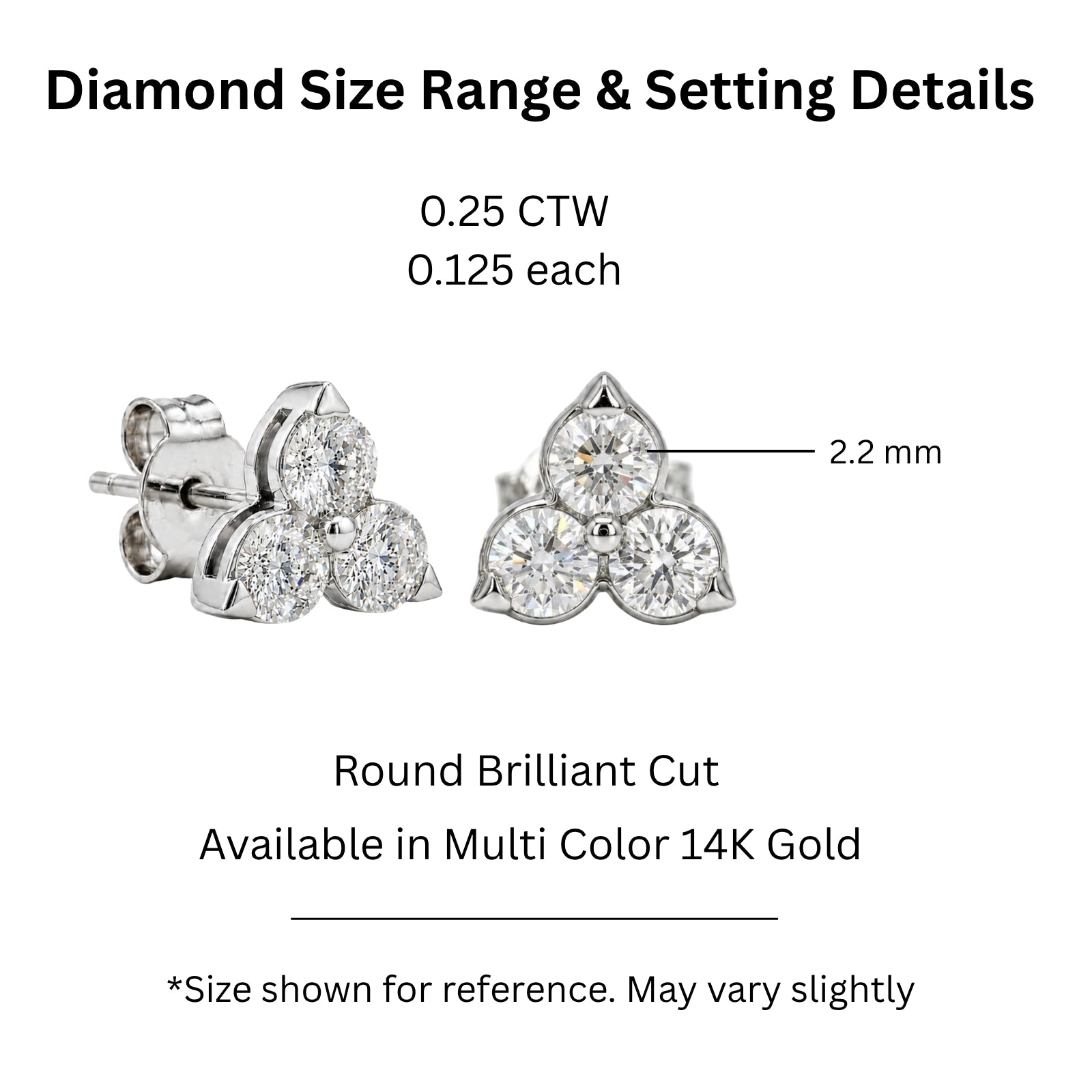 0.25 - 3.00 Carat T.W. Round-cut Lab Grown Diamond (F/VS+) 14K Gold 3 Stone Earrings with Double Notch Post & Pushback