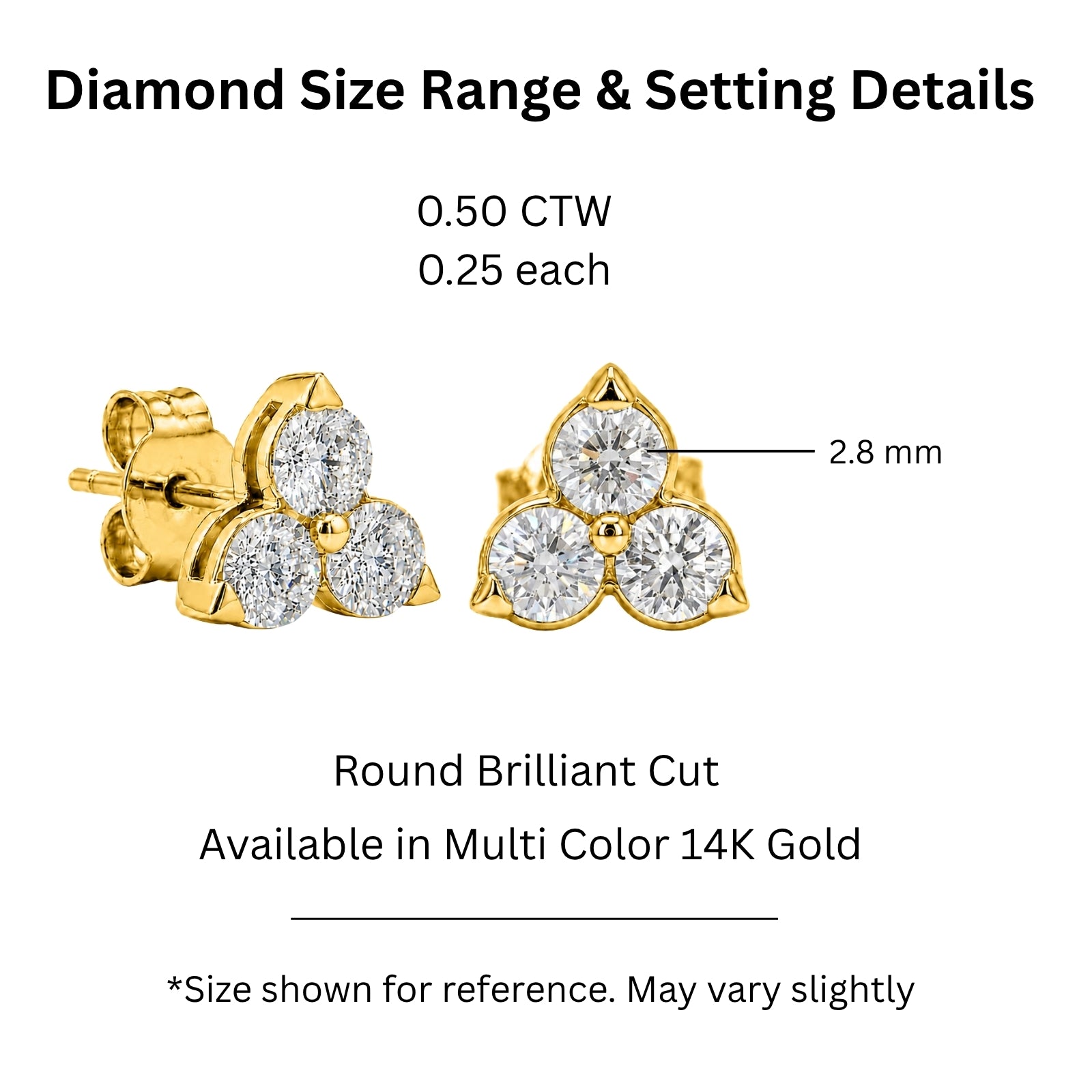 0.25 - 3.00 Carat T.W. Round-cut Lab Grown Diamond (F/VS+) 14K Gold 3 Stone Earrings with Double Notch Post & Pushback