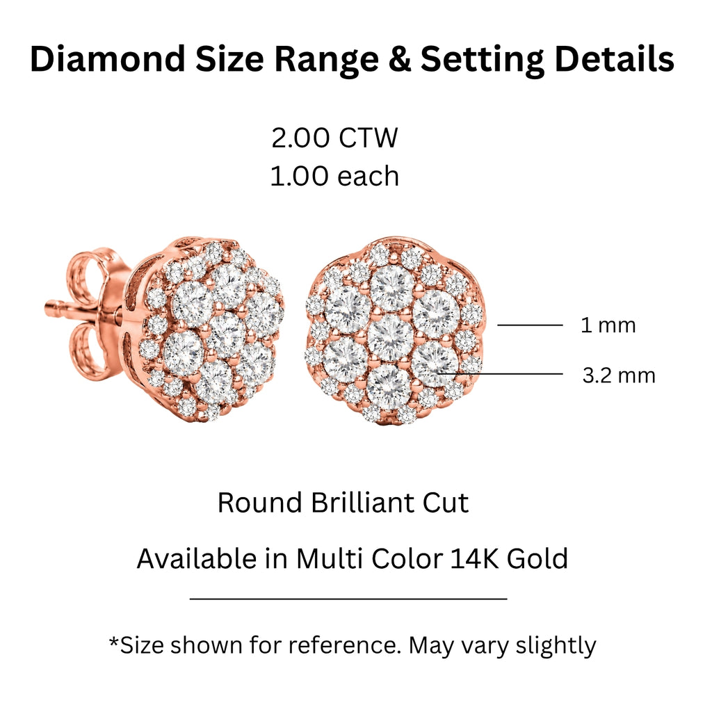0.50 - 2.00 Carat T.W. Round-cut Lab Grown Diamond (F/VS+) 14K Gold Cluster Earrings with Double Notch Post & Pushback