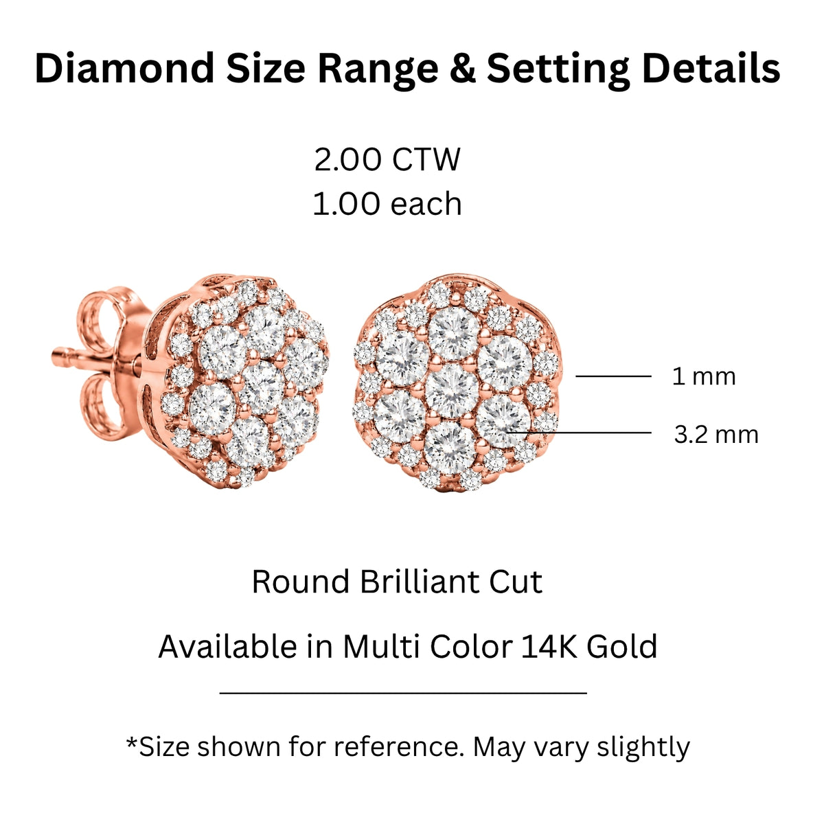 0.50 - 2.00 Carat T.W. Round-cut Lab Grown Diamond (F/VS+) 14K Gold Cluster Earrings with Double Notch Post & Pushback