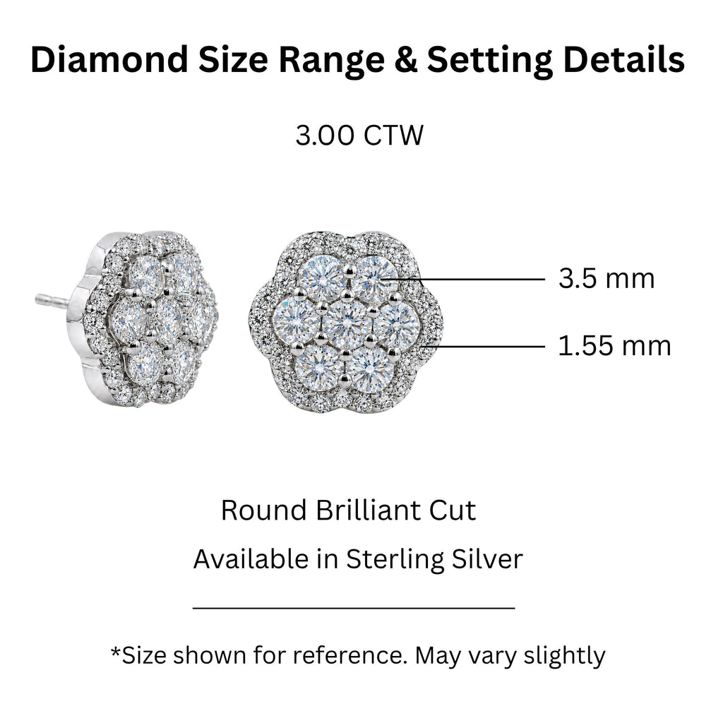 Diamonair Lab Grown Diamond (F/VS+) 3.00 carat Round cut Sterling Silver Cluster Earrings - Sterling Silver | Gold over Silver