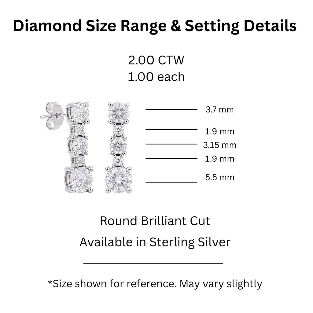 Diamonair Lab Grown Diamond (F/VS+) 2.00 carat Round cut Sterling Silver Drop Earrings - Sterling Silver | Gold over Silver