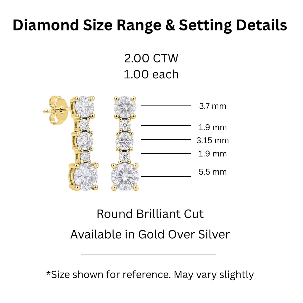 Diamonair Lab Grown Diamond (F/VS+) 2.00 carat Round cut Sterling Silver Drop Earrings - Sterling Silver | Gold over Silver