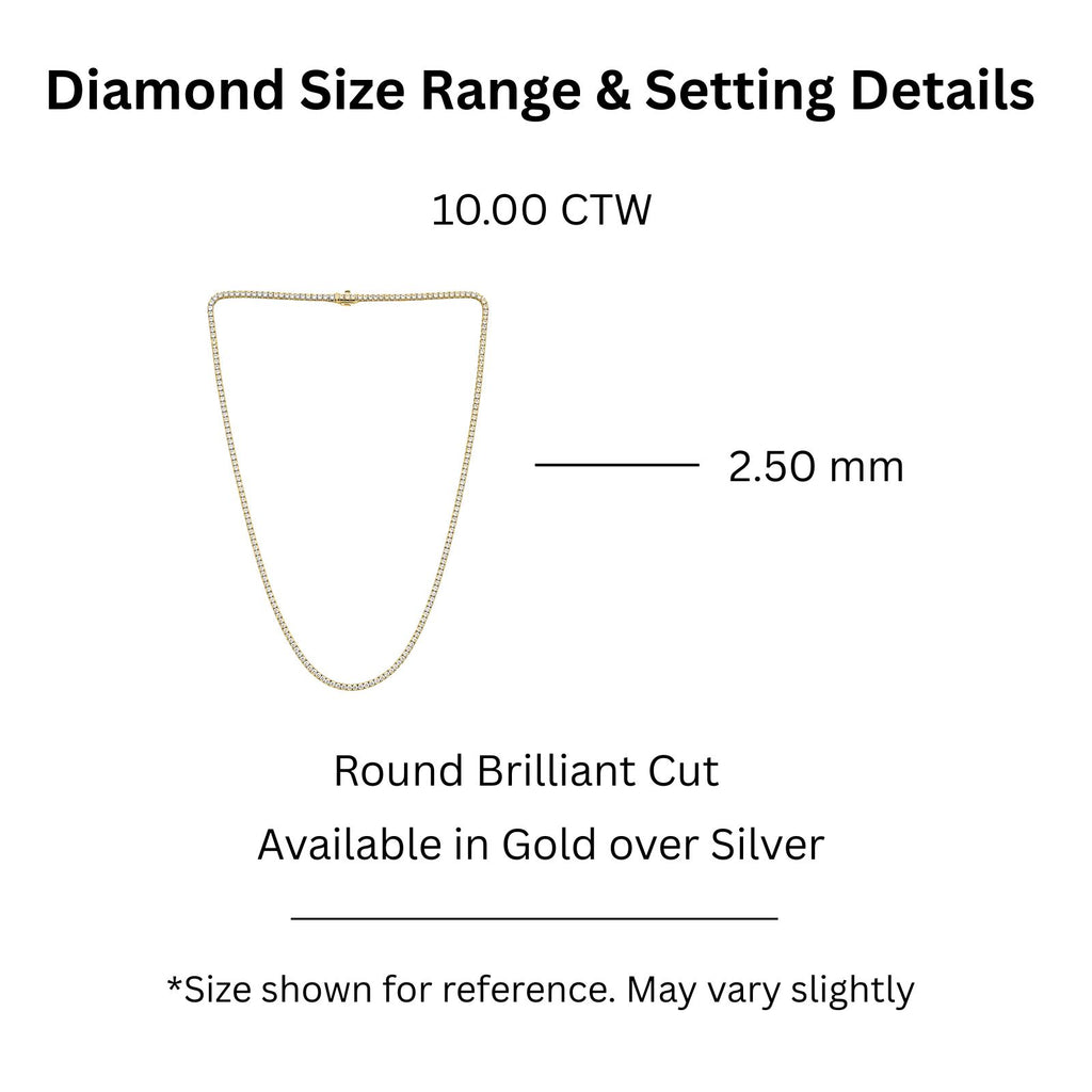 Diamonair Lab Grown Diamond (F/VS+) 10.00 carat Round cut Sterling Silver Tennis Necklace - Sterling Silver | Gold over Silver