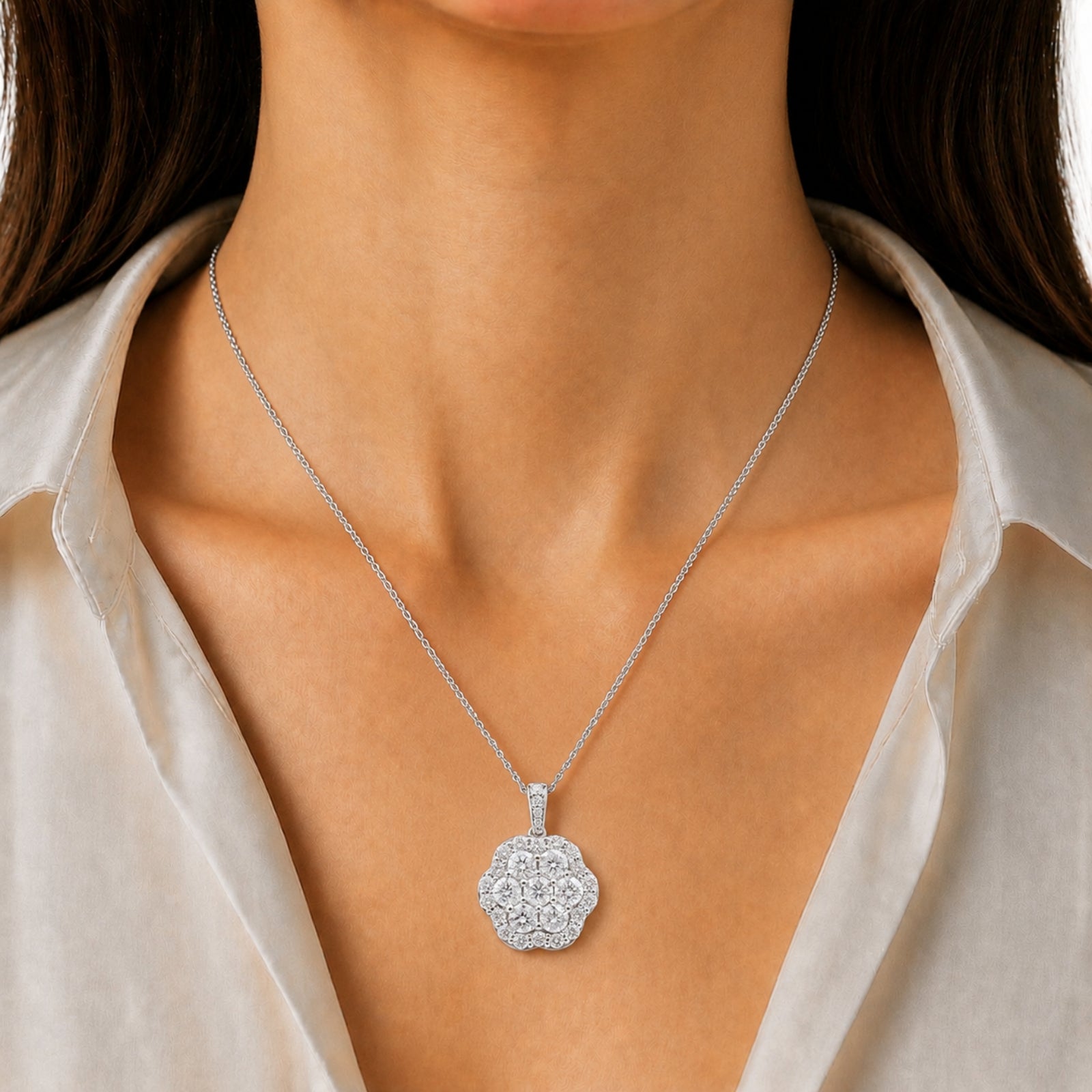Diamonair Lab Grown Diamond (F/VS+) 3.00 carat Round cut Sterling Silver Cluster Pendant - Sterling Silver | Gold over Silver