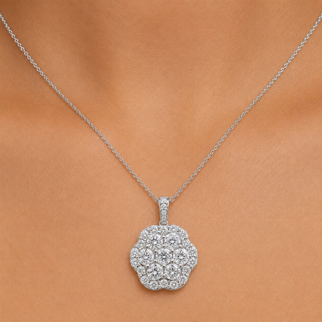 Diamonair Lab Grown Diamond (F/VS+) 3.00 carat Round cut Sterling Silver Cluster Pendant - Sterling Silver | Gold over Silver
