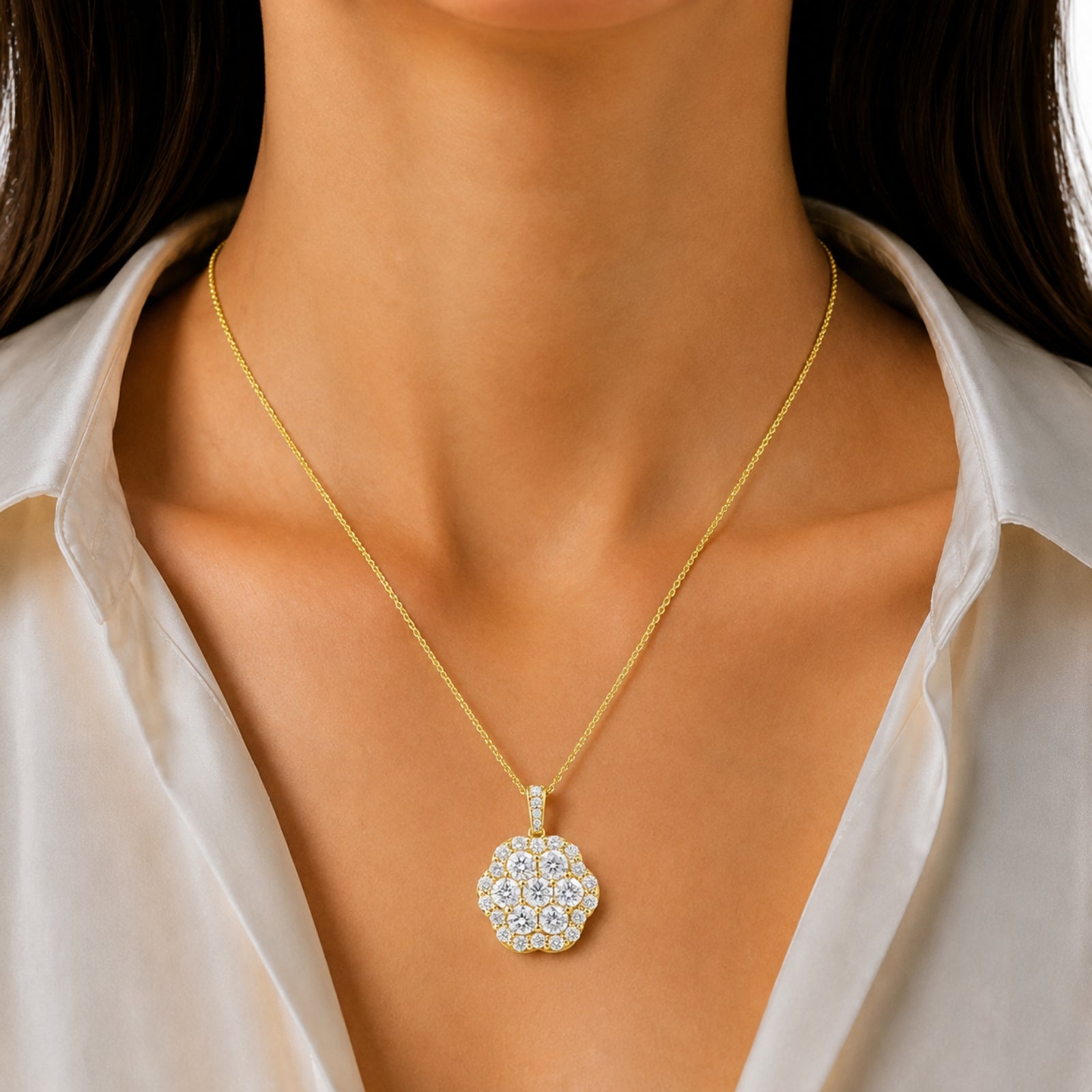 Diamonair Lab Grown Diamond (F/VS+) 3.00 carat Round cut Sterling Silver Cluster Pendant - Sterling Silver | Gold over Silver