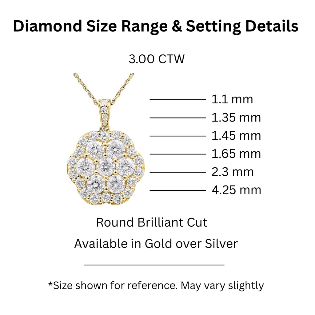 Diamonair Lab Grown Diamond (F/VS+) 3.00 carat Round cut Sterling Silver Cluster Pendant - Sterling Silver | Gold over Silver