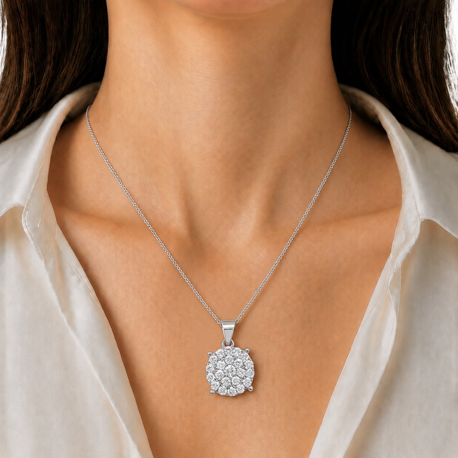Diamonair Lab Grown Diamond (F/VS+) 1.00 carat Round cut Sterling Silver Cluster Pendant - Sterling Silver | Gold over Silver
