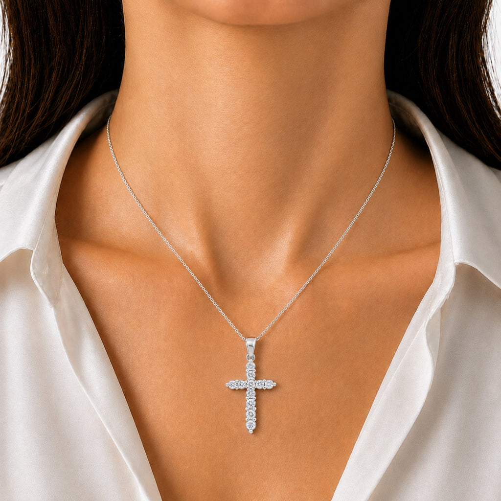 Diamonair Lab Grown Diamond (F/VS+) 2.00 carat Round cut Sterling Silver Cross Pendant - Sterling Silver | Gold over Silver